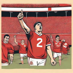 A retro-style artwork capturing the spirit of the Old School Red Men Ultras, displaying passionate fans in vintage attire, nostalgic football symbols, set in a classic football stadium.