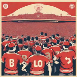 A retro-style artwork capturing the spirit of the Old School Red Men Ultras, displaying passionate fans in vintage attire, nostalgic football symbols, set in a classic football stadium.