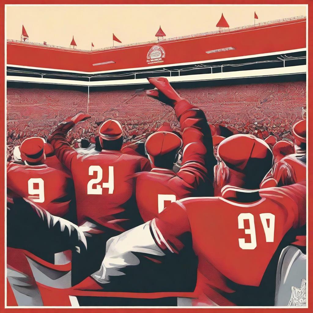 A retro-style artwork capturing the spirit of the Old School Red Men Ultras, displaying passionate fans in vintage attire, nostalgic football symbols, set in a classic football stadium.