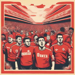 A retro-style artwork capturing the spirit of the Old School Red Men Ultras, displaying passionate fans in vintage attire, nostalgic football symbols, set in a classic football stadium.