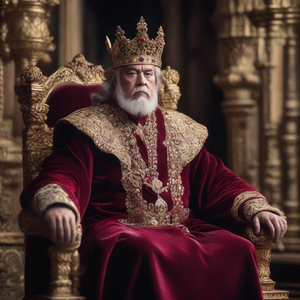 A regal king, donned in a crimson velvet robe, a golden crown shimmering with precious jewels, sitting thoughtfully on his throne in the royal chamber.