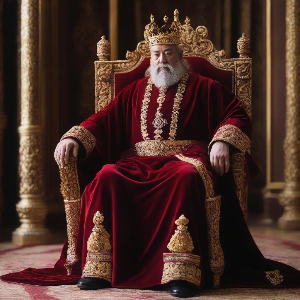 A regal king, donned in a crimson velvet robe, a golden crown shimmering with precious jewels, sitting thoughtfully on his throne in the royal chamber.