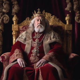 A regal king, donned in a crimson velvet robe, a golden crown shimmering with precious jewels, sitting thoughtfully on his throne in the royal chamber.