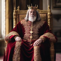 A regal king, donned in a crimson velvet robe, a golden crown shimmering with precious jewels, sitting thoughtfully on his throne in the royal chamber.