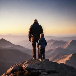 A warm, inspiring scene of a father and son standing on a mountain peak, under a clear, dawn sky. They are looking at the horizon, sharing a motivational moment with values of growth, bond, resilience and love.