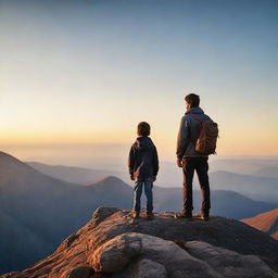 A warm, inspiring scene of a father and son standing on a mountain peak, under a clear, dawn sky. They are looking at the horizon, sharing a motivational moment with values of growth, bond, resilience and love.