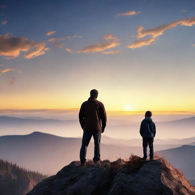 A warm, inspiring scene of a father and son standing on a mountain peak, under a clear, dawn sky. They are looking at the horizon, sharing a motivational moment with values of growth, bond, resilience and love.