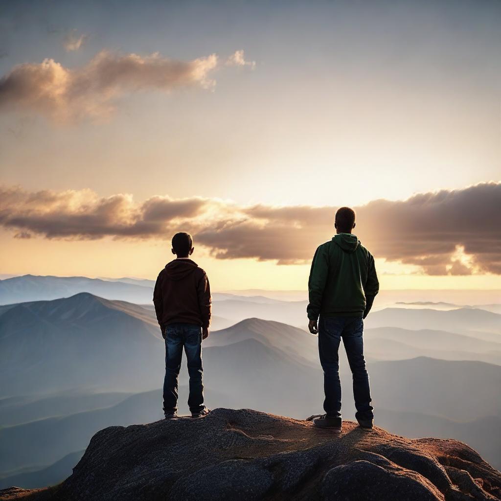 A warm, inspiring scene of a father and son standing on a mountain peak, under a clear, dawn sky. They are looking at the horizon, sharing a motivational moment with values of growth, bond, resilience and love.