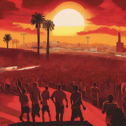 An artwork of Meknes city, highlighting the Red Men Ultras, complete with well-known city landmarks, enthusiastic football fans in red, under a glowing sunset sky.