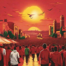 An artwork of Meknes city, highlighting the Red Men Ultras, complete with well-known city landmarks, enthusiastic football fans in red, under a glowing sunset sky.