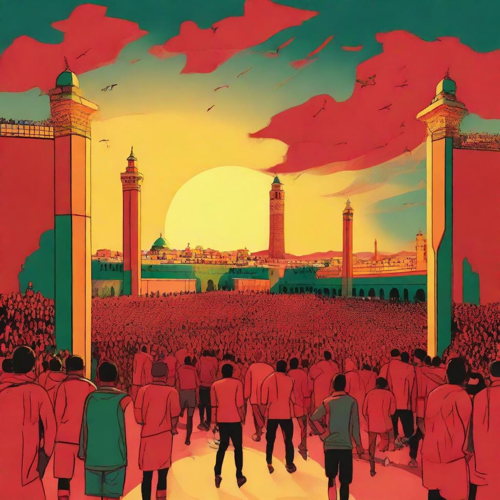 An artwork of Meknes city, highlighting the Red Men Ultras, complete with well-known city landmarks, enthusiastic football fans in red, under a glowing sunset sky.