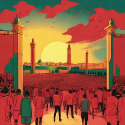 An artwork of Meknes city, highlighting the Red Men Ultras, complete with well-known city landmarks, enthusiastic football fans in red, under a glowing sunset sky.