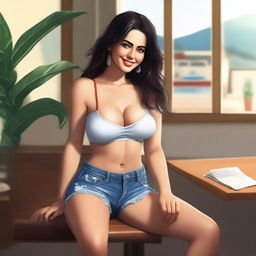 A high-quality digital art piece presents a stunning Lebanese woman with dark hair and an engaging smile