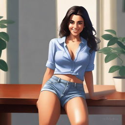 A high-quality digital art piece presents a stunning Lebanese woman with dark hair and an engaging smile