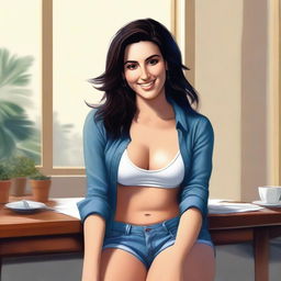 A high-quality digital art piece presents a stunning Lebanese woman with dark hair and an engaging smile