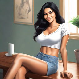A high-quality digital art piece presents a stunning Lebanese woman with dark hair and an engaging smile