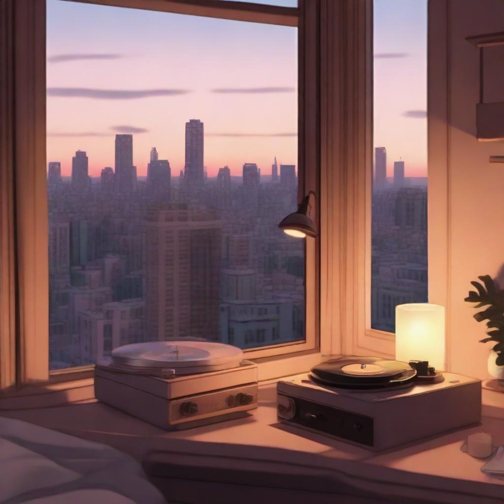 A tranquil lofi aesthetic scene with soft muted colors, vintage furnishings, a record player spinning a vinyl, a lit candle, and a view of a cityscape from window at dusk.