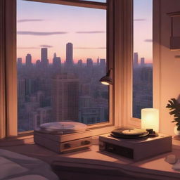 A tranquil lofi aesthetic scene with soft muted colors, vintage furnishings, a record player spinning a vinyl, a lit candle, and a view of a cityscape from window at dusk.