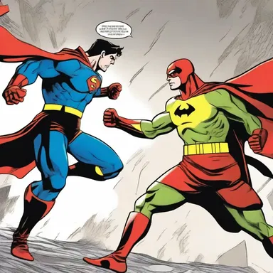 In the superhero comic, the protagonist fights against the villain while sudating from the intense battle.