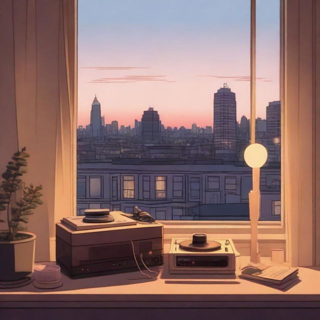 A tranquil lofi aesthetic scene with soft muted colors, vintage furnishings, a record player spinning a vinyl, a lit candle, and a view of a cityscape from window at dusk.