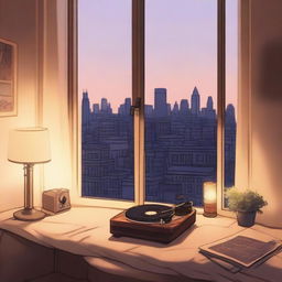 A tranquil lofi aesthetic scene with soft muted colors, vintage furnishings, a record player spinning a vinyl, a lit candle, and a view of a cityscape from window at dusk.