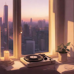 A tranquil lofi aesthetic scene with soft muted colors, vintage furnishings, a record player spinning a vinyl, a lit candle, and a view of a cityscape from window at dusk.