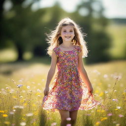 A young girl in a vibrant, flower adorned summer dress, playing joyfully in an open, sunlit meadow sprinkled with wildflowers.