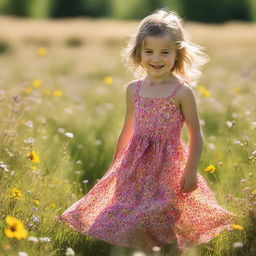 A young girl in a vibrant, flower adorned summer dress, playing joyfully in an open, sunlit meadow sprinkled with wildflowers.