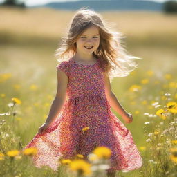 A young girl in a vibrant, flower adorned summer dress, playing joyfully in an open, sunlit meadow sprinkled with wildflowers.