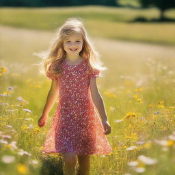 A young girl in a vibrant, flower adorned summer dress, playing joyfully in an open, sunlit meadow sprinkled with wildflowers.