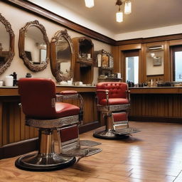 A traditional looking barber shop named 'Osca', with classic barber chairs, mirrors, vintage tools and decor, displaying a warm and welcoming atmosphere.