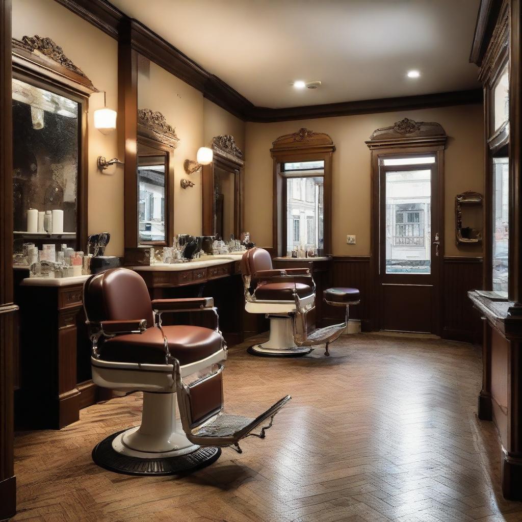 A traditional looking barber shop named 'Osca', with classic barber chairs, mirrors, vintage tools and decor, displaying a warm and welcoming atmosphere.