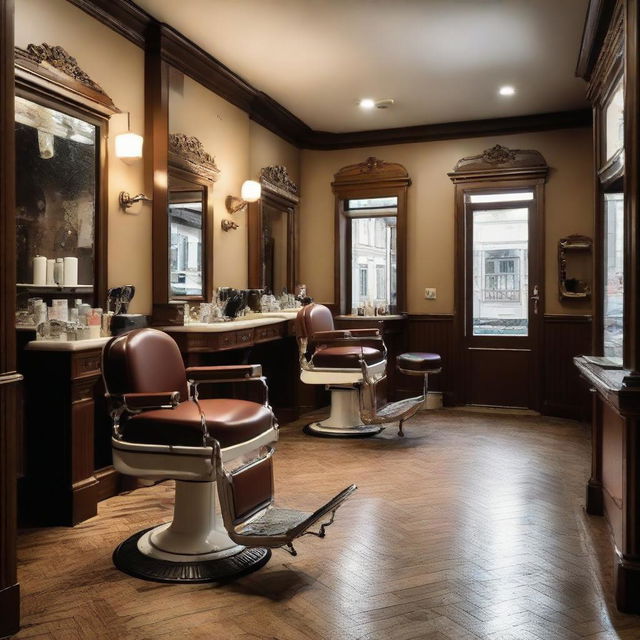 A traditional looking barber shop named 'Osca', with classic barber chairs, mirrors, vintage tools and decor, displaying a warm and welcoming atmosphere.