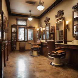 A traditional looking barber shop named 'Osca', with classic barber chairs, mirrors, vintage tools and decor, displaying a warm and welcoming atmosphere.