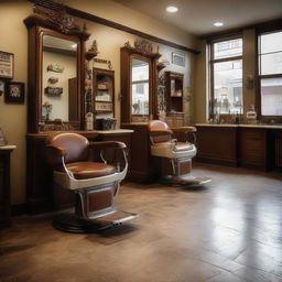 A traditional looking barber shop named 'Osca', with classic barber chairs, mirrors, vintage tools and decor, displaying a warm and welcoming atmosphere.