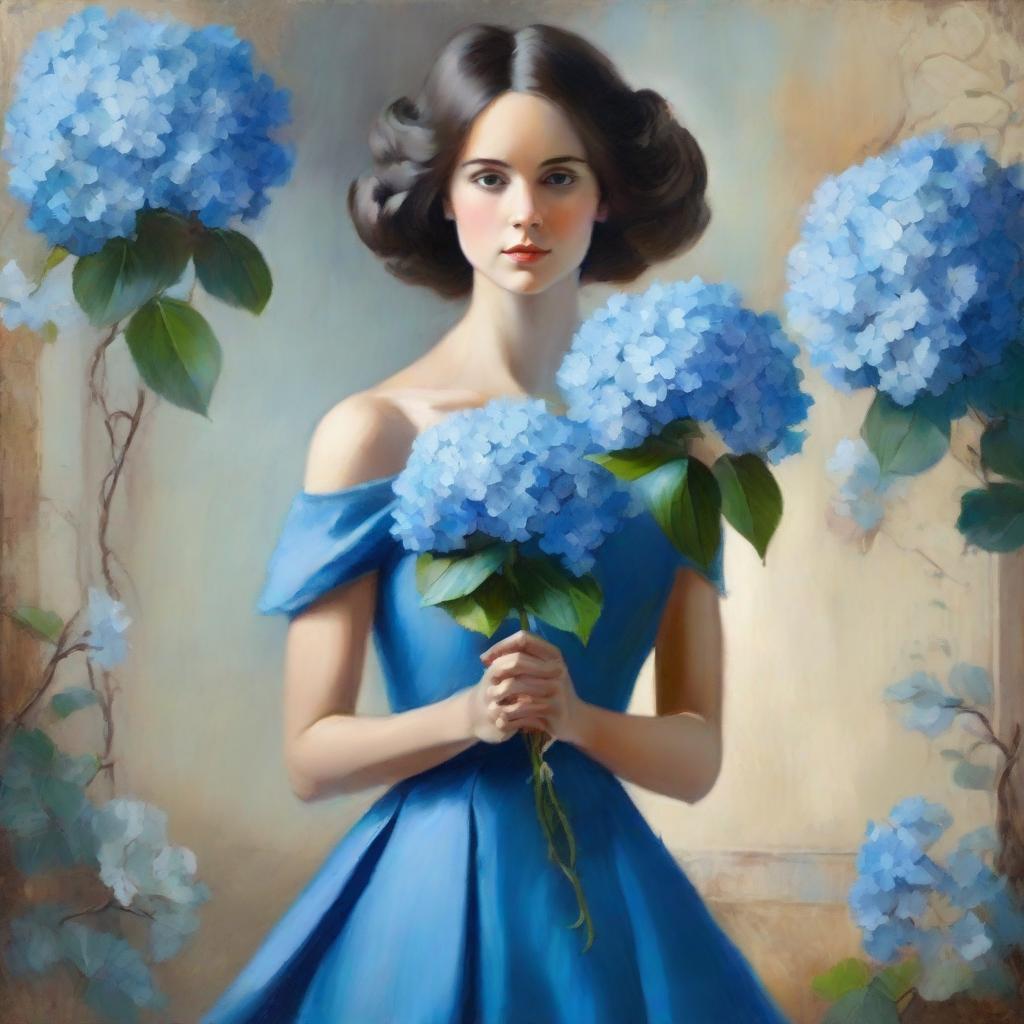 Elegant lady in a blue dress holding a vibrant blue hydrangea painting