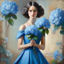 Elegant lady in a blue dress holding a vibrant blue hydrangea painting