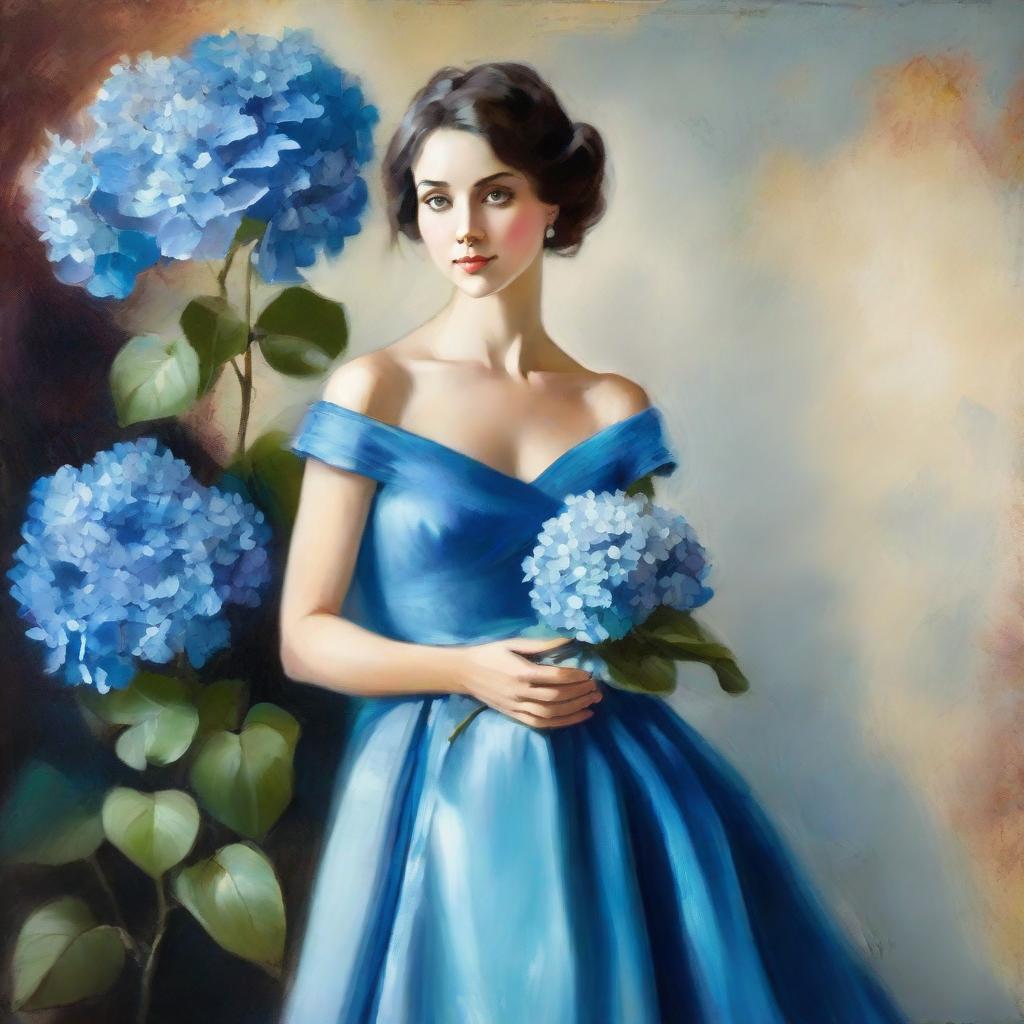 Elegant lady in a blue dress holding a vibrant blue hydrangea painting