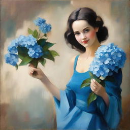 Elegant lady in a blue dress holding a vibrant blue hydrangea painting