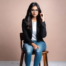 A stunning Indian girl adorned with eyeglasses, clad in a stylish black jacket and blue denim jeans, gracefully sitting on a chair.