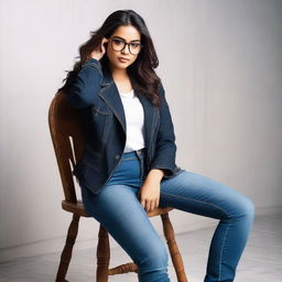 A stunning Indian girl adorned with eyeglasses, clad in a stylish black jacket and blue denim jeans, gracefully sitting on a chair.