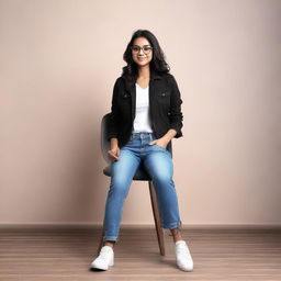 A stunning Indian girl adorned with eyeglasses, clad in a stylish black jacket and blue denim jeans, gracefully sitting on a chair.