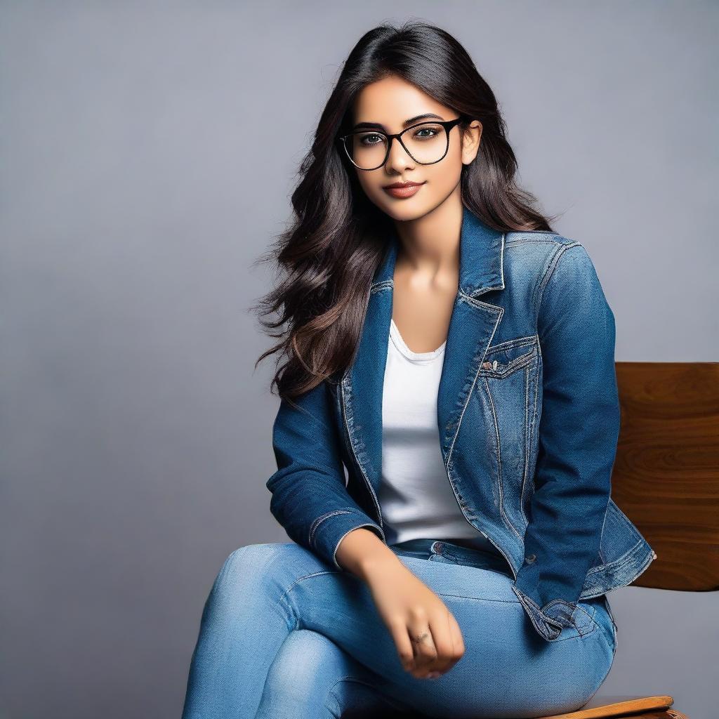 A stunning Indian girl adorned with eyeglasses, clad in a stylish black jacket and blue denim jeans, gracefully sitting on a chair.