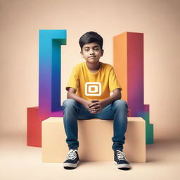 A boy comfortably seated on top of a large, 3D Instagram logo