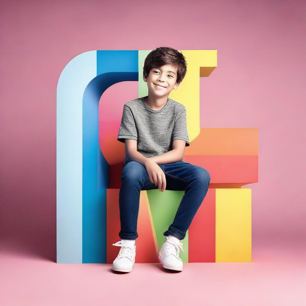 A boy comfortably seated on top of a large, 3D Instagram logo