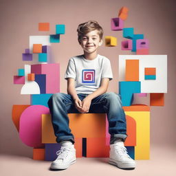 A boy comfortably seated on top of a large, 3D Instagram logo