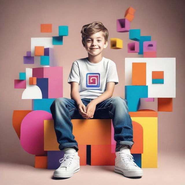 A boy comfortably seated on top of a large, 3D Instagram logo