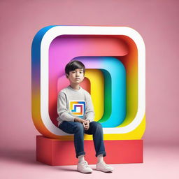 A boy comfortably seated on top of a large, 3D Instagram logo