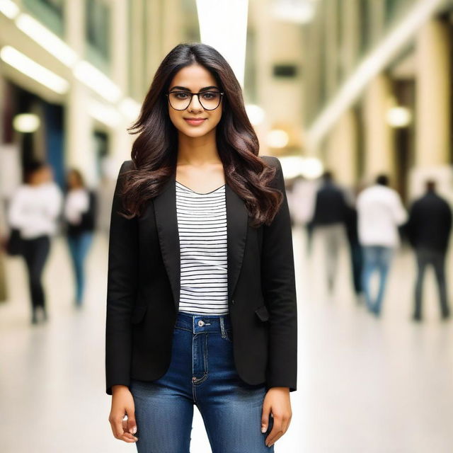 An attractive Indian girl with glasses, standing in a bustling mall, elegantly dressed in a black jacket.