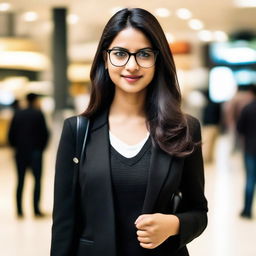 An attractive Indian girl with glasses, standing in a bustling mall, elegantly dressed in a black jacket.